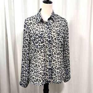 2/$30 Papaya Semi Sheer Leopard‎ Print Women's Button Up Shirt Size L Mob Wife
